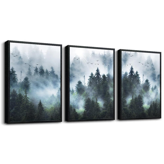 Large size Black Framed Wall Art For Living Room Wall Decorations For Bedroom Office Wall Decor Foggy Forest Paintings Trees Landscape Wall Pictures Prints Artwork Home Decor of 3 Piece Framed Art